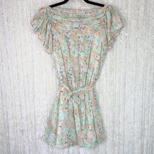 Studio M Fluttery Ruffle Dress Womens SMALL Green Floral Tie Belt Waist Lined